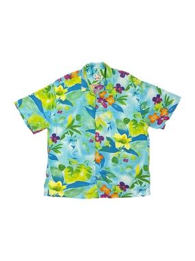 Jams World Vintage Hawaiian Shirt Women's Large Blue Tropical Floral Rayon